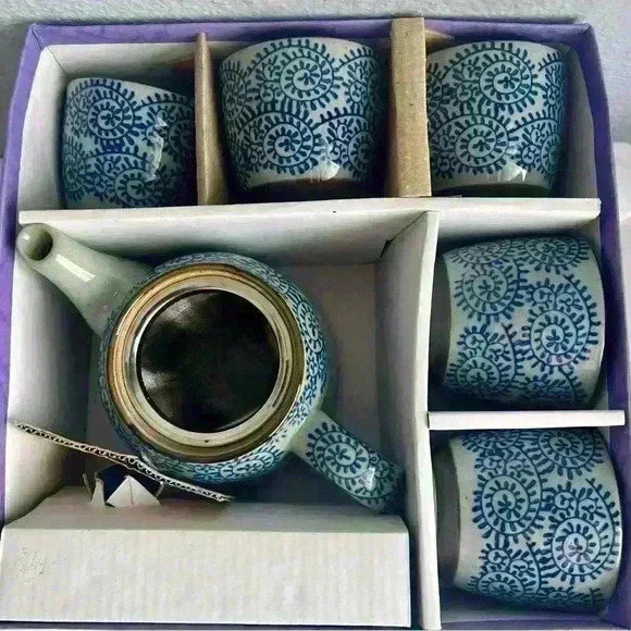 VTG Earthenware Blue Design Tea Set (5 Cups & Teapot With Strainer) - Picture 2 of 2